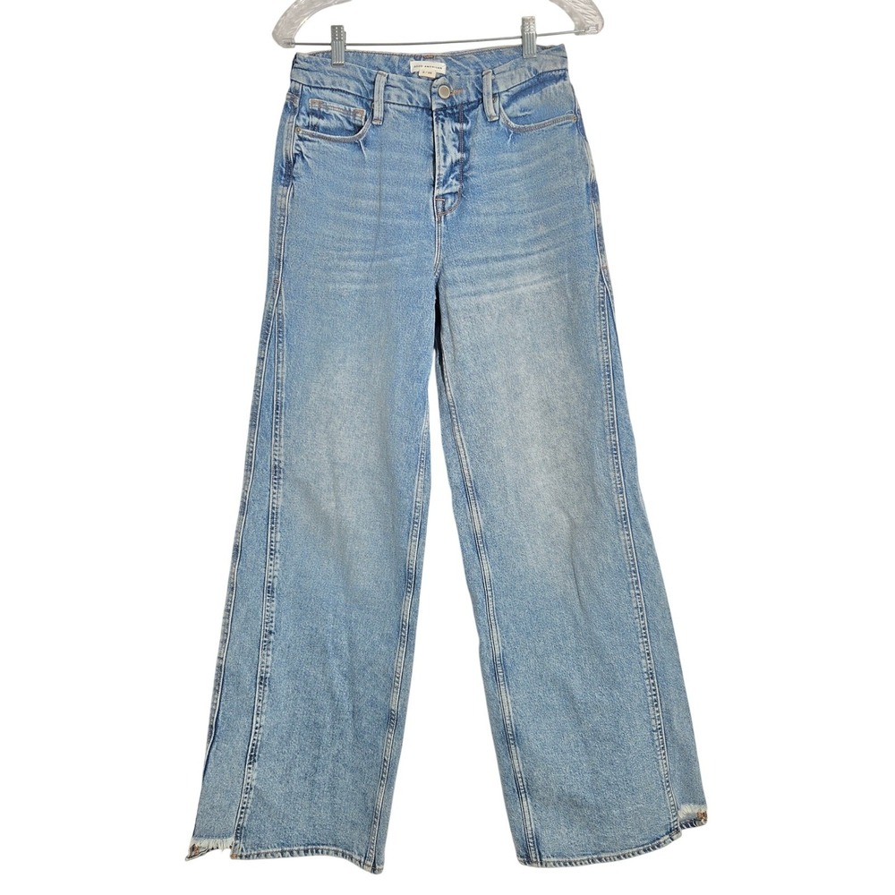 Good American 26 Good Skate Indigo Wide Leg Jeans Light Wash Distressed Raw Hem